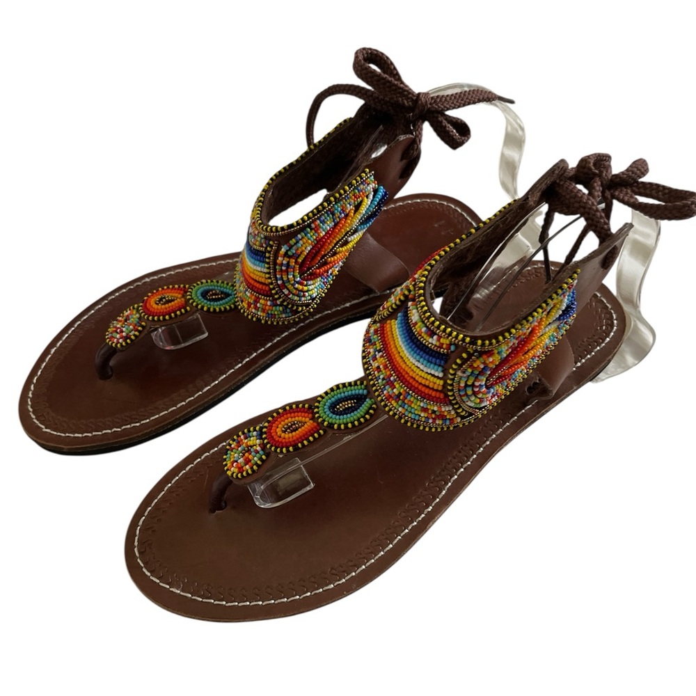 Colorful African Beaded Gladiator Sandals Size 41 (9.5) - Picture 3 of 5
